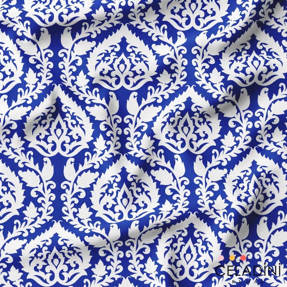 Mavi Beyaz Damask Desenli Kumaş