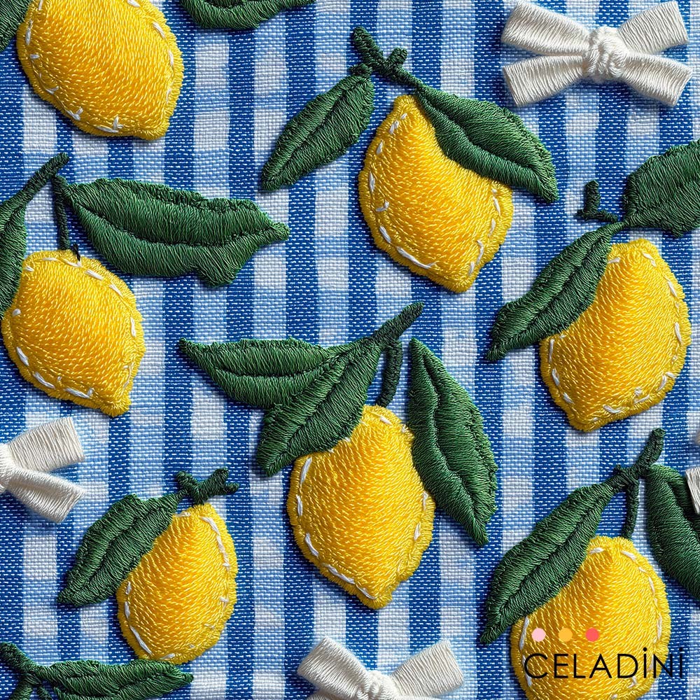 Mavi Ekose Limon Desenli 3D Nakış Efektli Kumaş