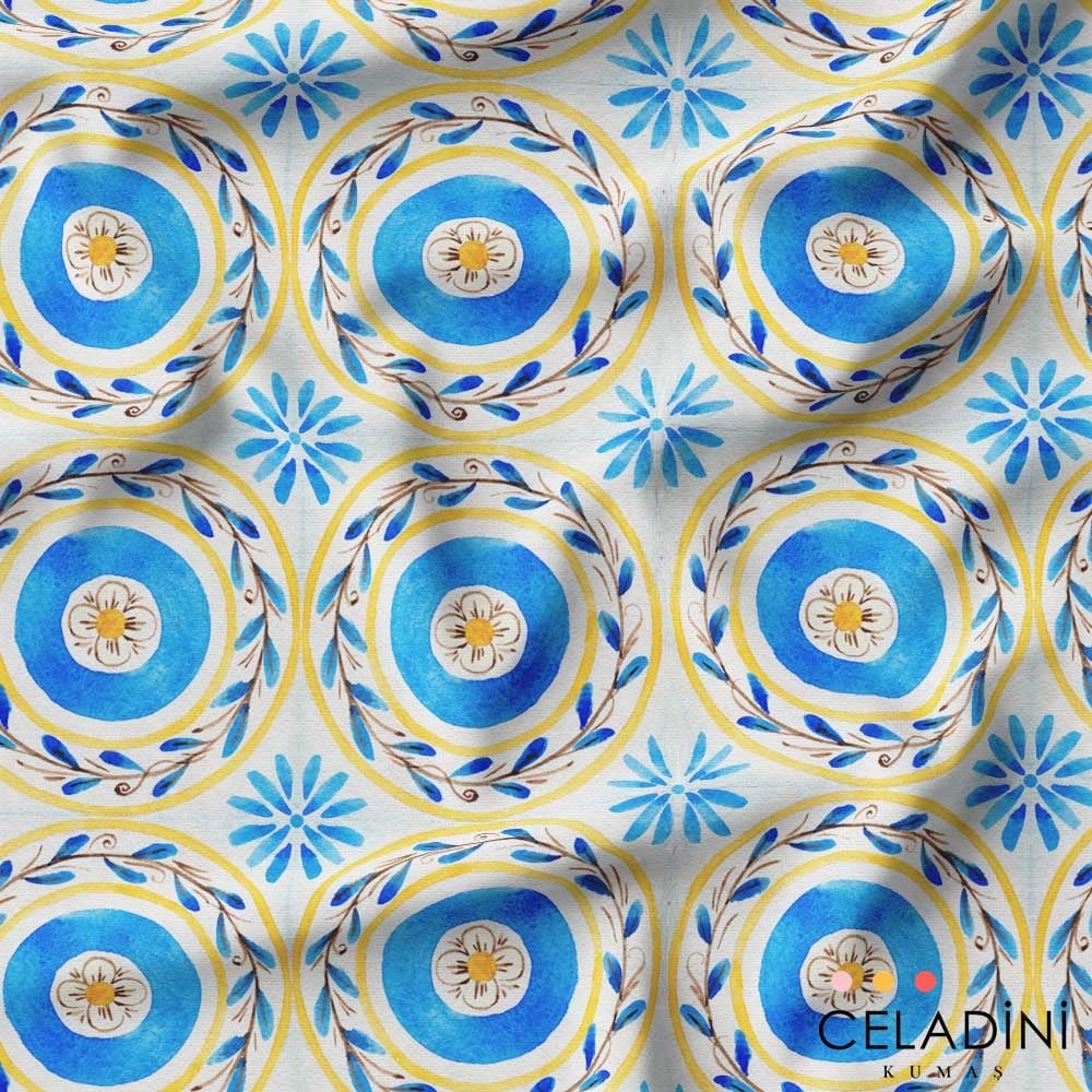 Mavi Sarı Çiçekli Çini Desenli Kumaş