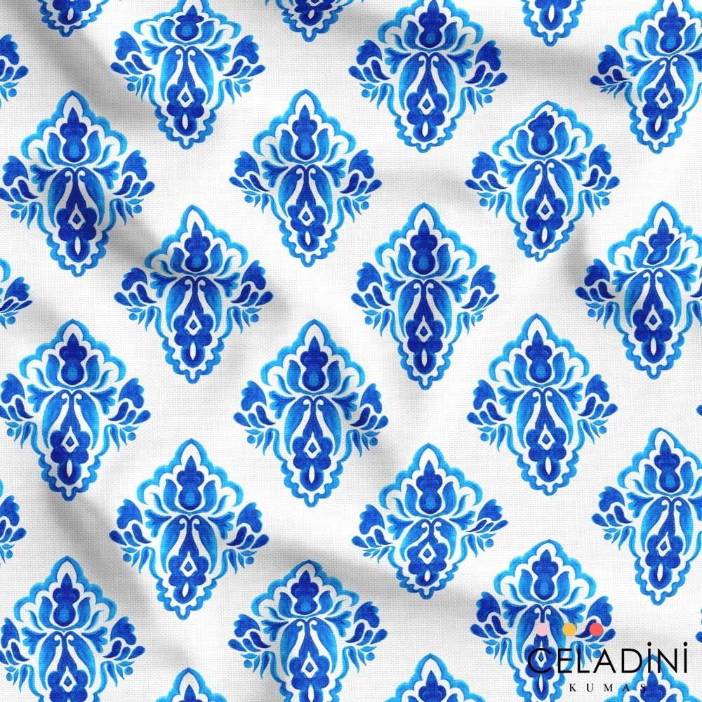 Mavi Suluboya Damask Desenli Kumaş