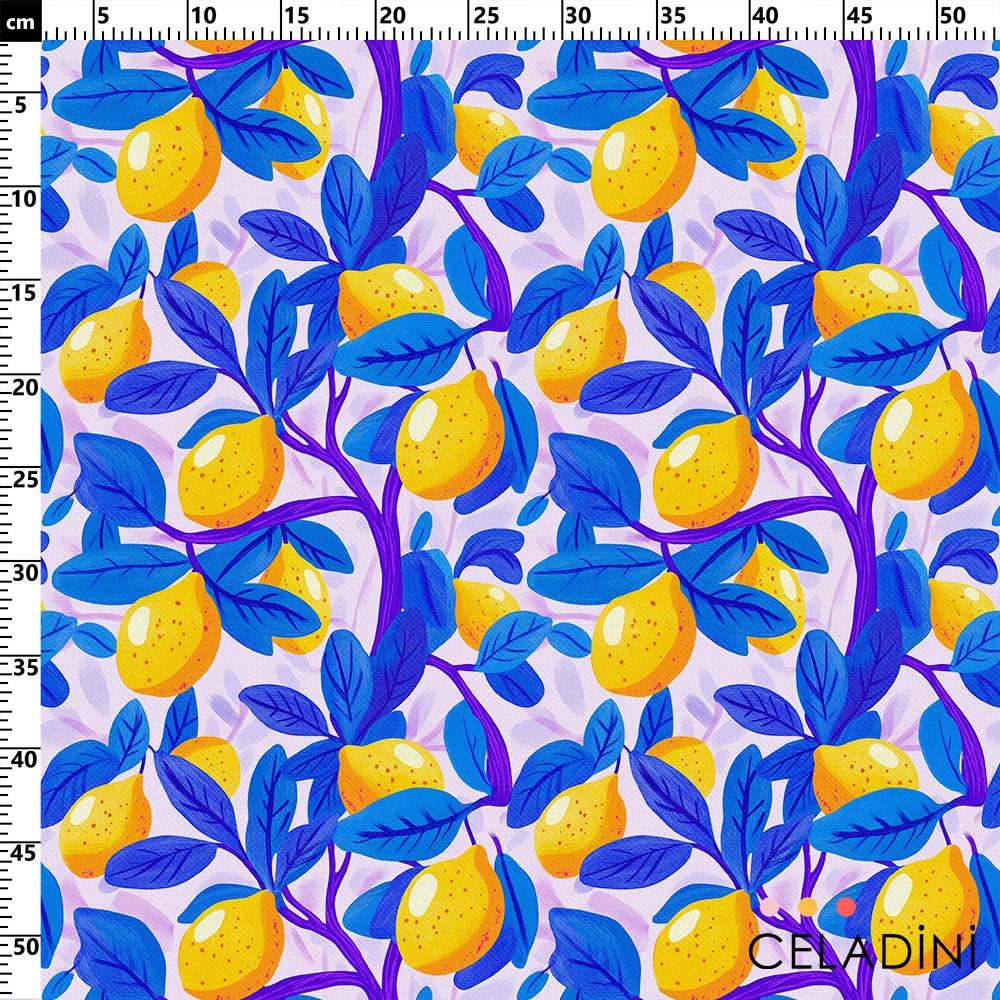 Mavi Yapraklı Limon Ağacı Desenli Kumaş