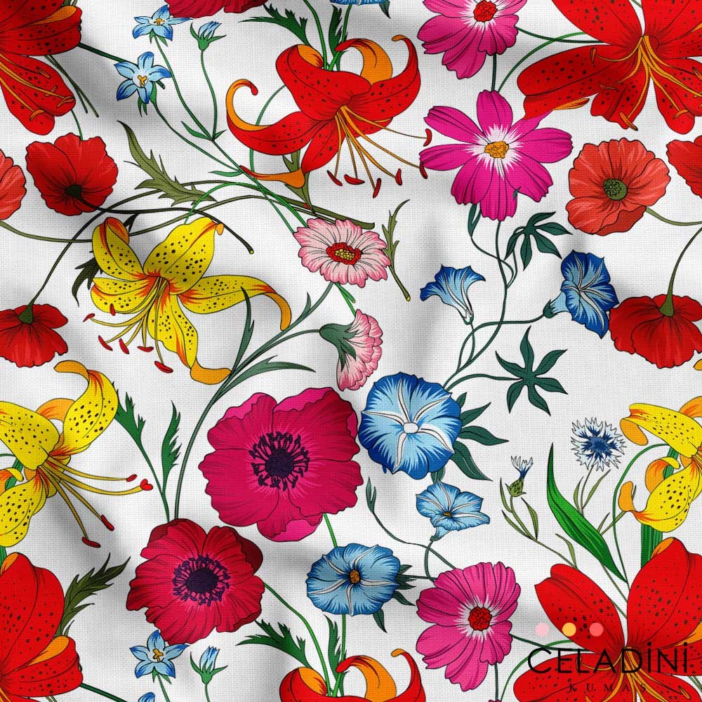 Modern Çok Renkli Çiçek Desenli Kumaş - Celadini