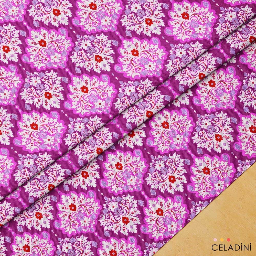 Modern Damask Çiçek Desenli Kumaş (Pembe)
