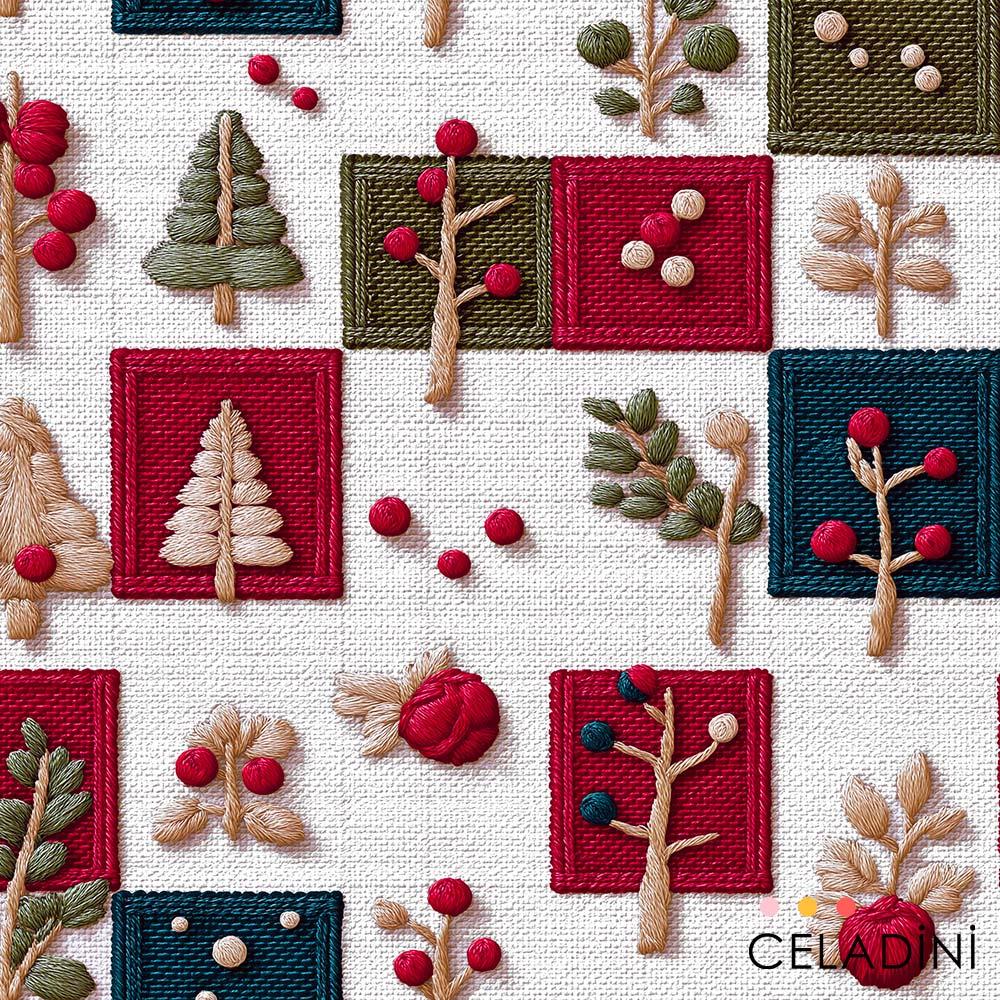 Nakış Efektli Patchwork Yılbaşı Ağaçları Desenli Kumaş