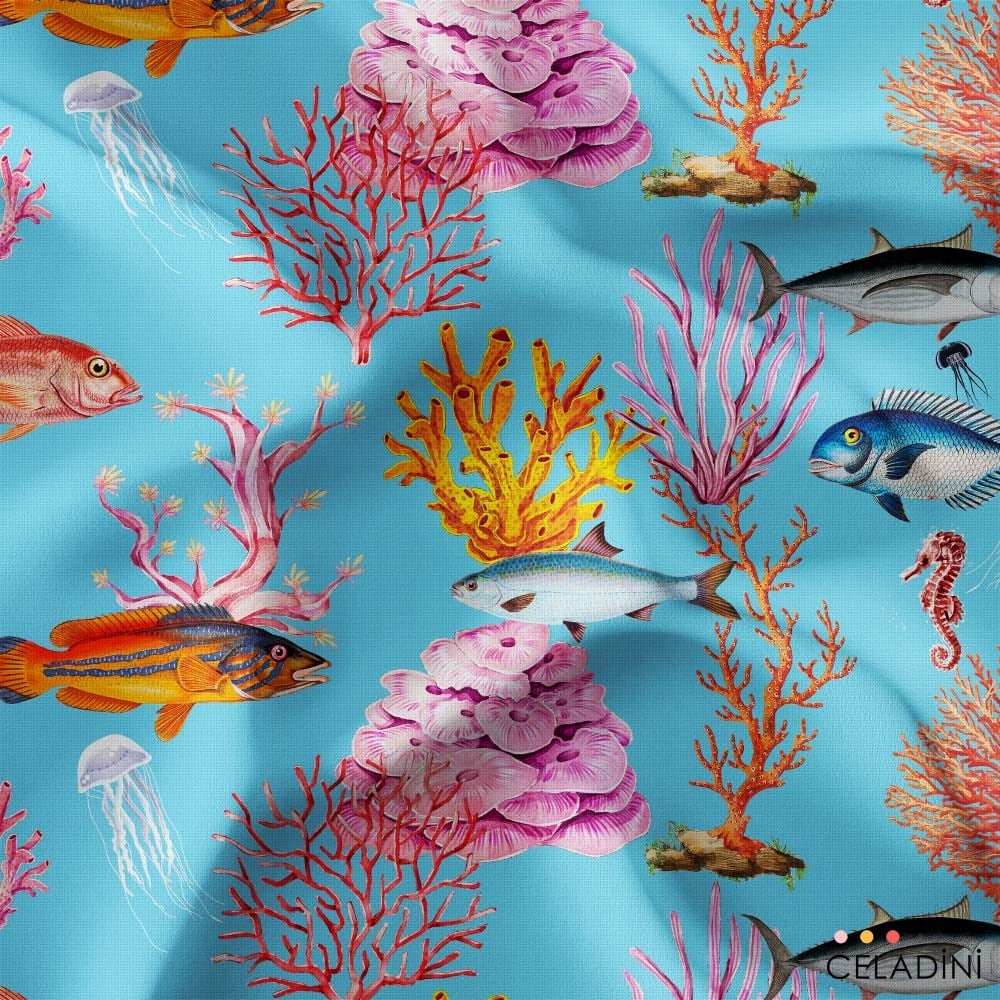 Okyanus Serisi Balık Mercan Desenli Kumaş