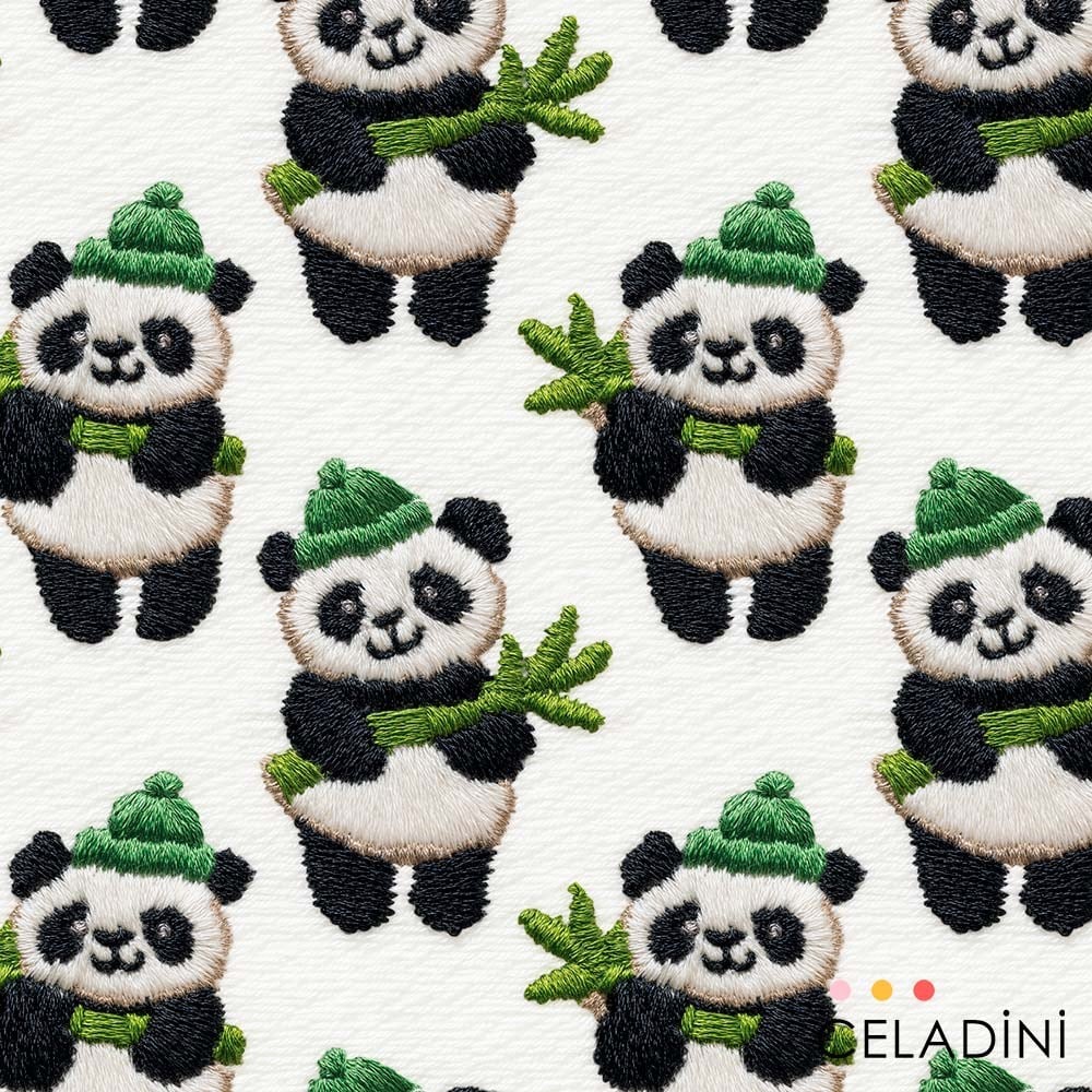 Panda ve Bambu Desenli 3D Nakış Efektli Kumaş