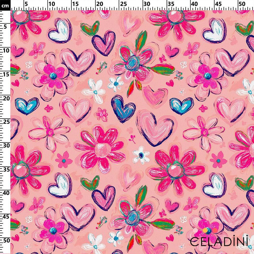 Pembe Çiçekli Sevgililer Günü Desenli Kumaş