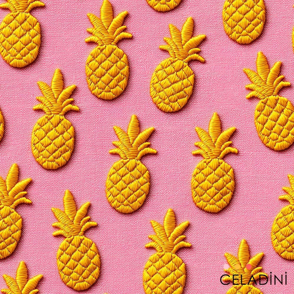 Pembe Fon Ananas Desenli 3D Nakış Efektli Kumaş