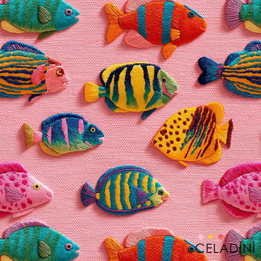 Pembe Fon Balıklar Desenli 3D Nakış Efektli Kumaş