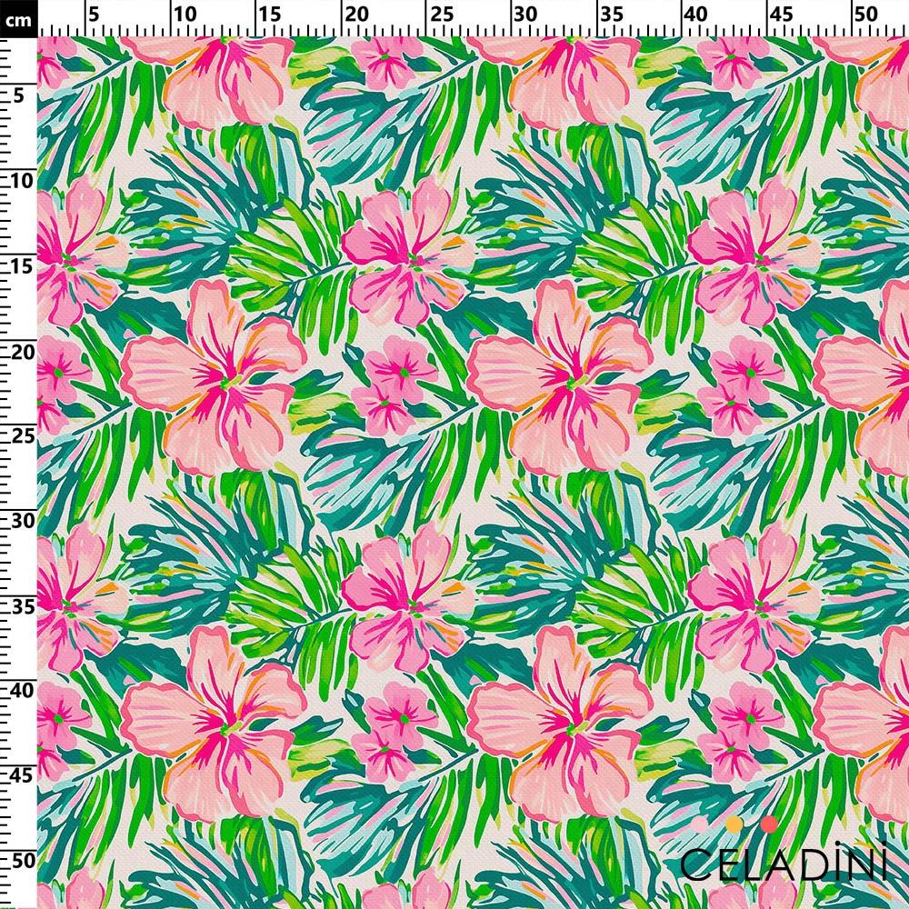 Pembe Hibiskus Çiçekli Tropikal Desenli Kumaş