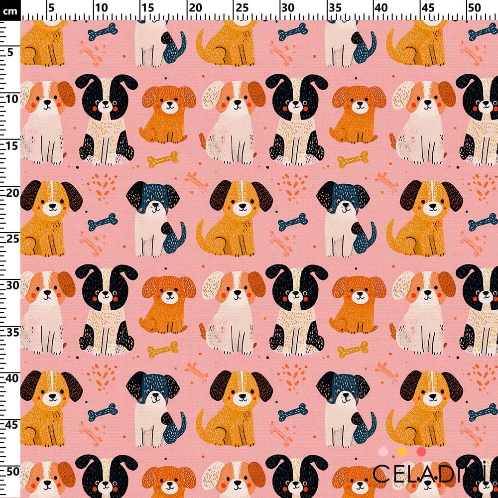 Pembe Zemin Sevimli Köpekler Desenli Kumaş