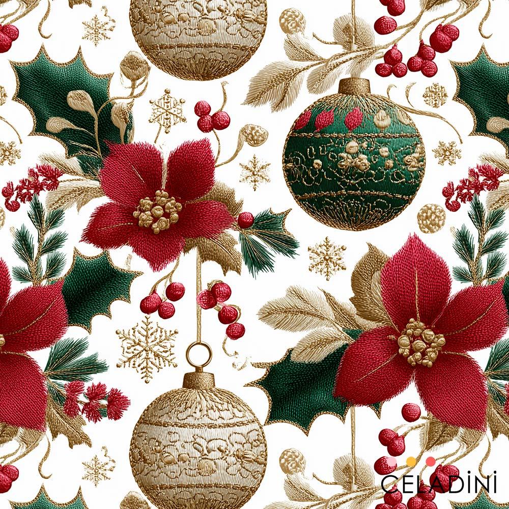 Ponsetya Çiçekleri ve Yılbaşı Süsleri Desenli Kumaş