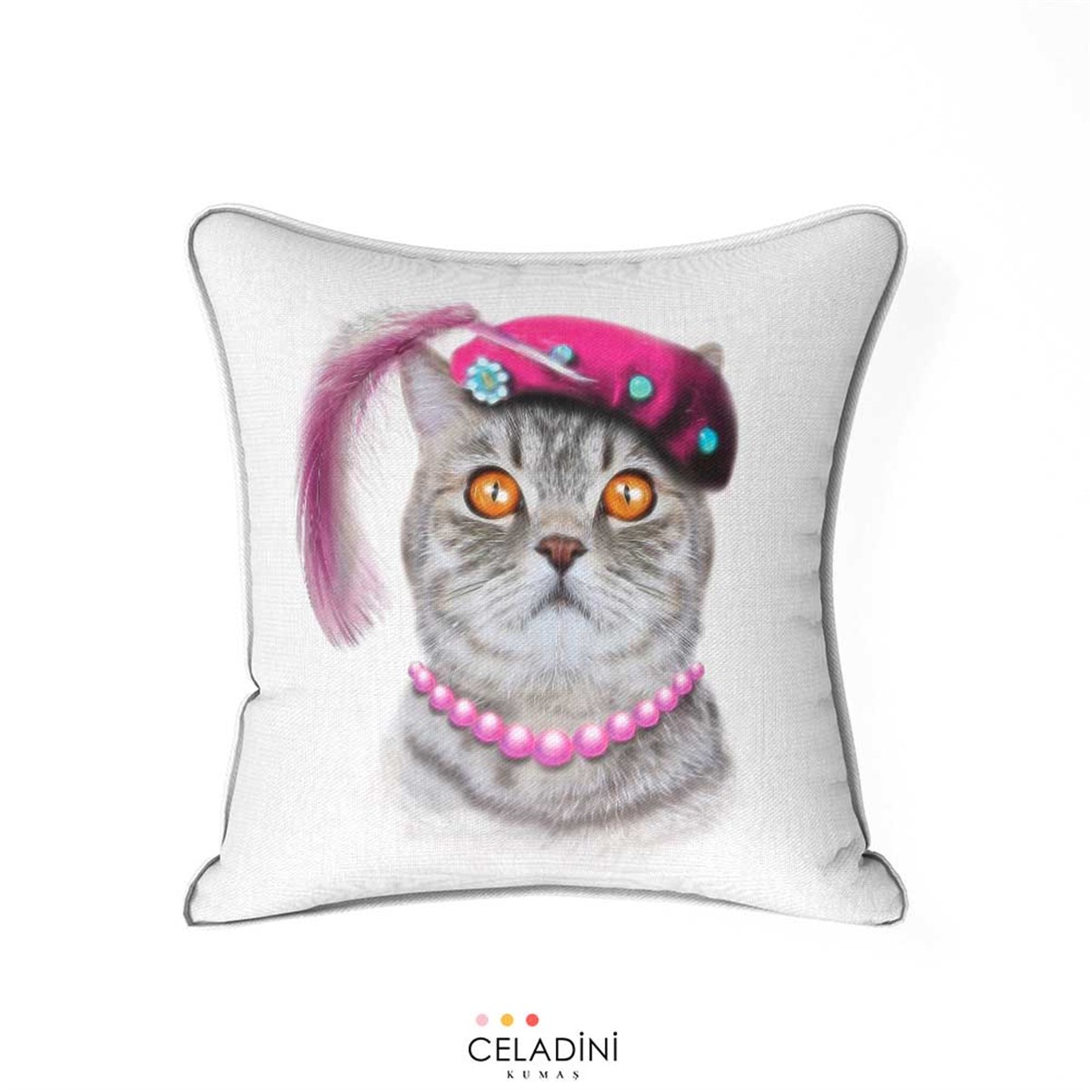 Pop Art Şapkalı Kedi Desenli Kırlent Kumaşı