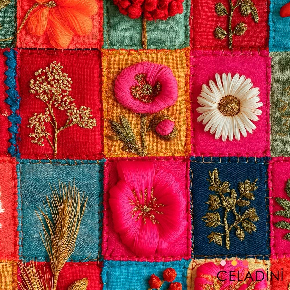 Renkli Çiçekli Patchwork 3D Nakış Efektli Kumaş