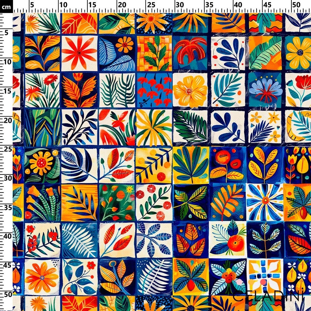 Renkli Kare Patchwork Bitki Desenli Kumaş