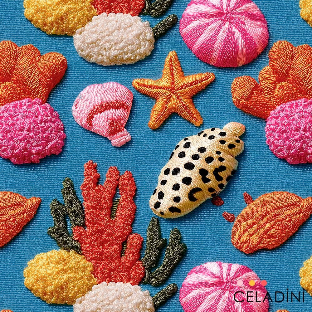 Renkli Mercan Desenli 3D Nakış Efektli Kumaş