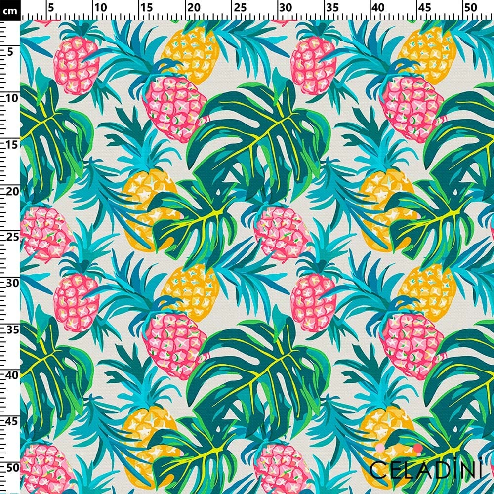 Renkli Tropikal Ananas Ve Yaprak Desenli Kumaş