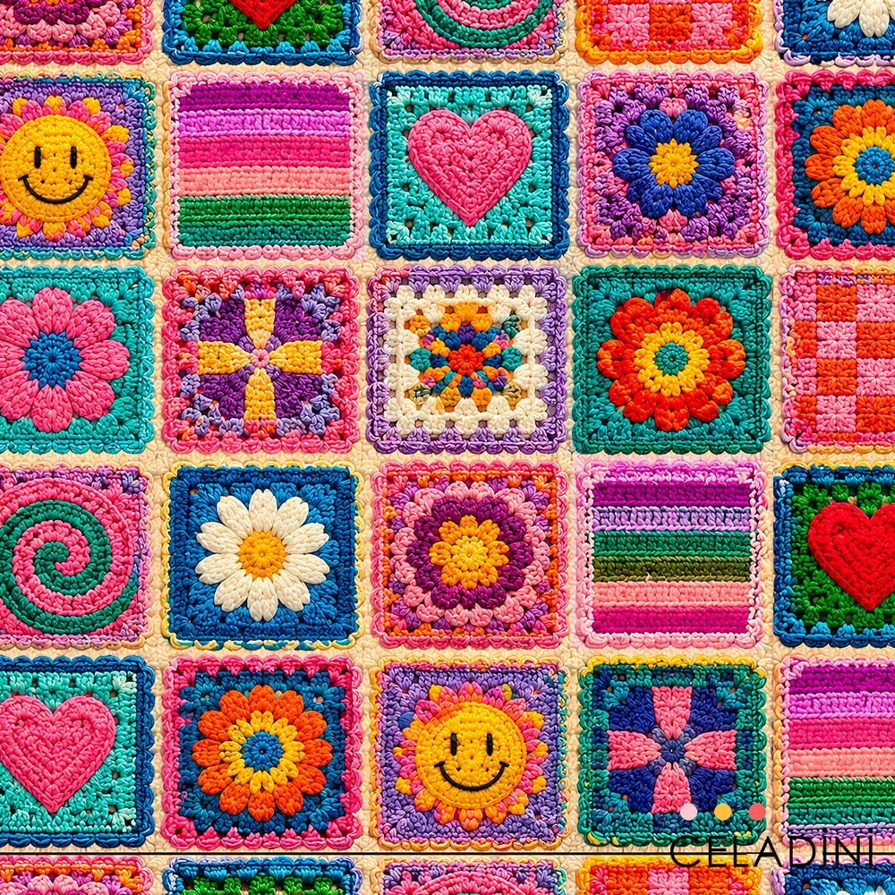 Retro Patchwork Kareler Desenli 3D Örgü Efektli Kumaş