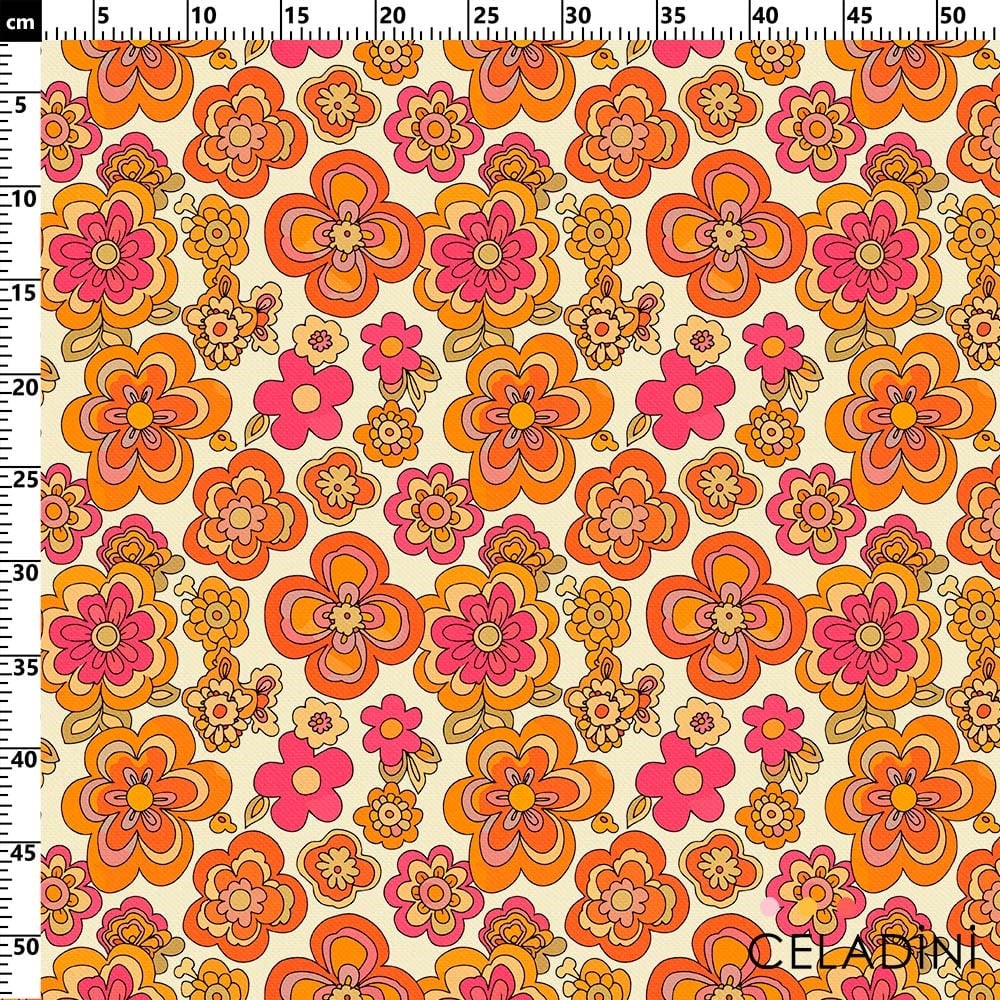 Retro Turuncu Pembe Çiçekler Desenli Kumaş