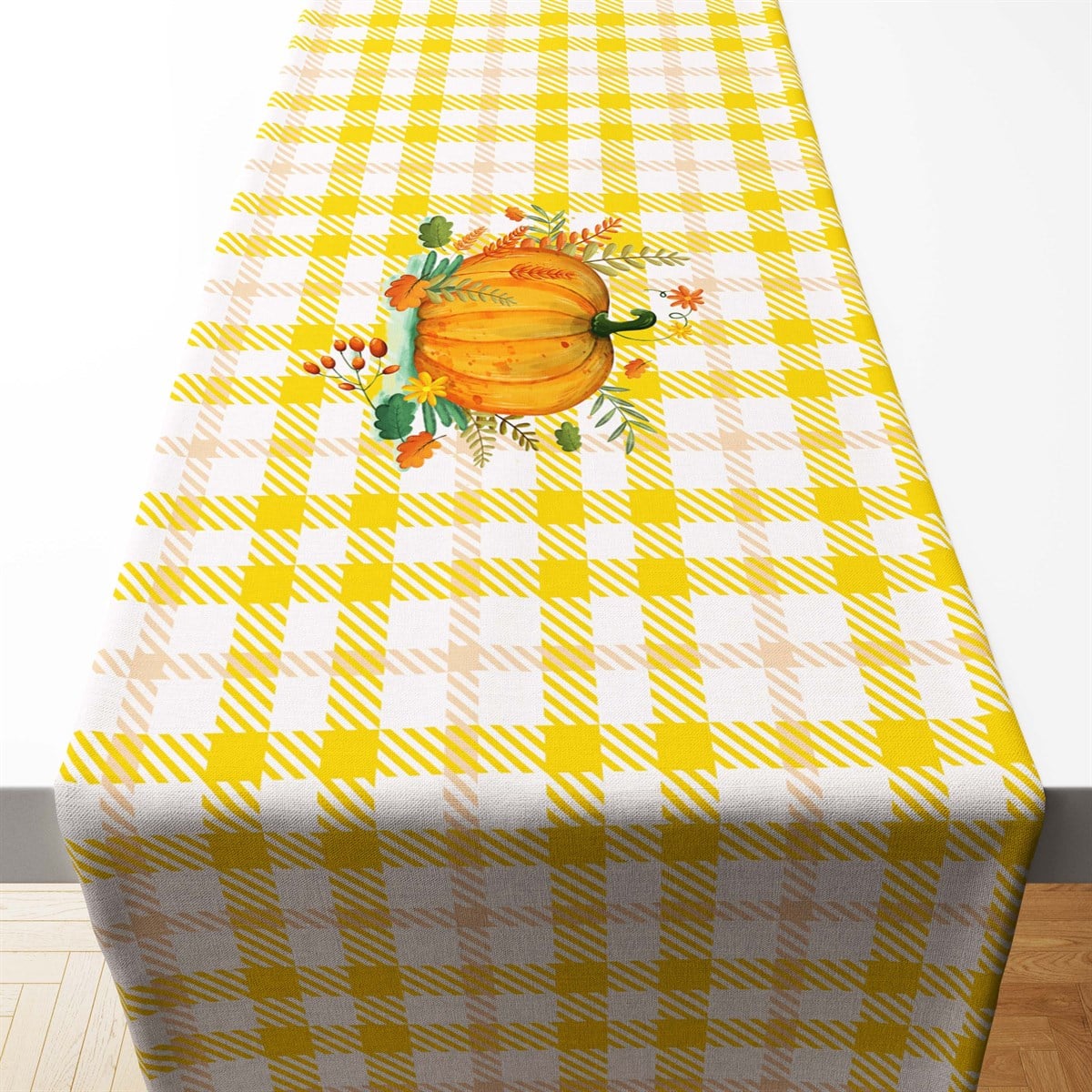 Sarı Ekose Balkabağı Desenli Runner Kumaşı