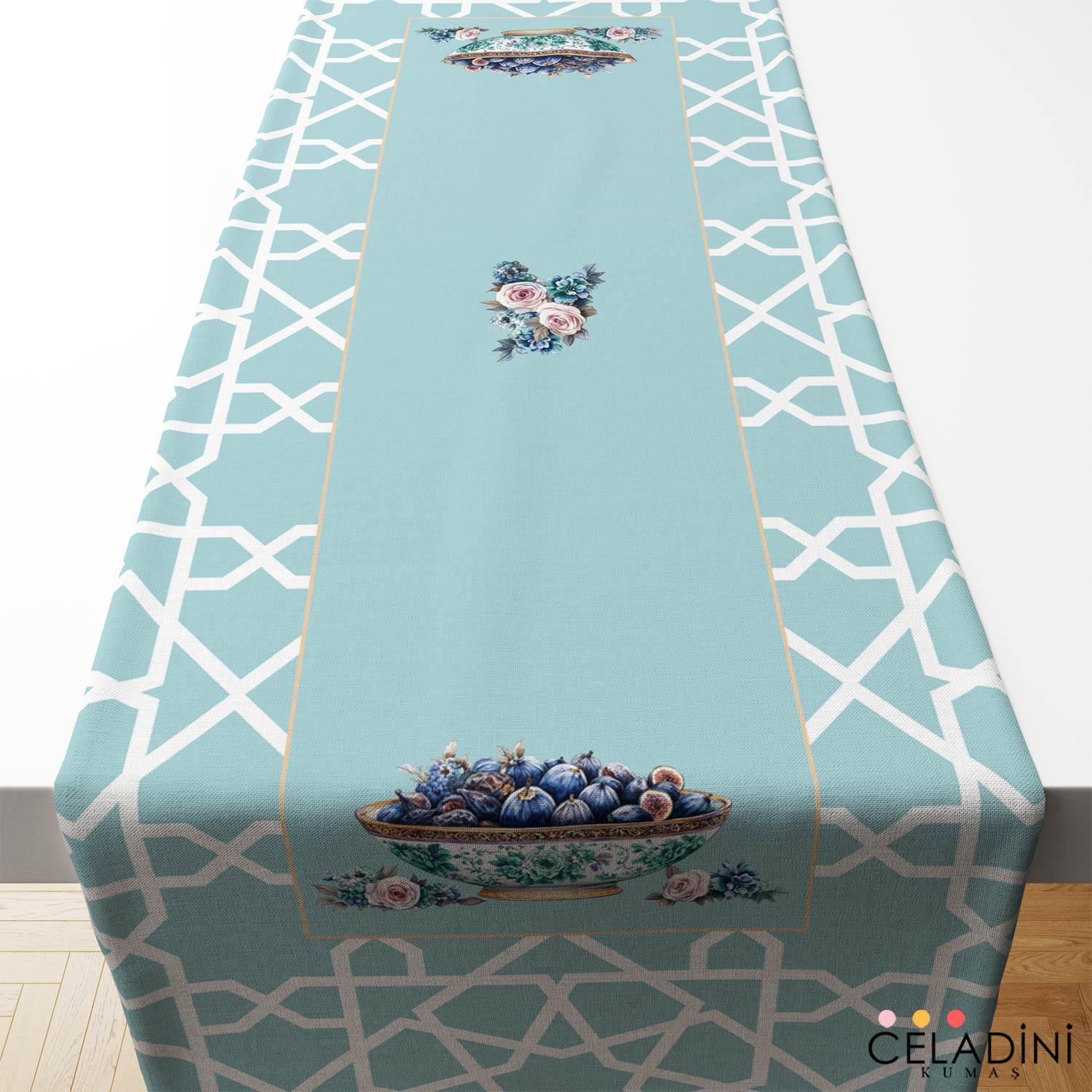 Selçuklu Motifli Ramazan Serisi Runner Kumaşı Mint Yeşil