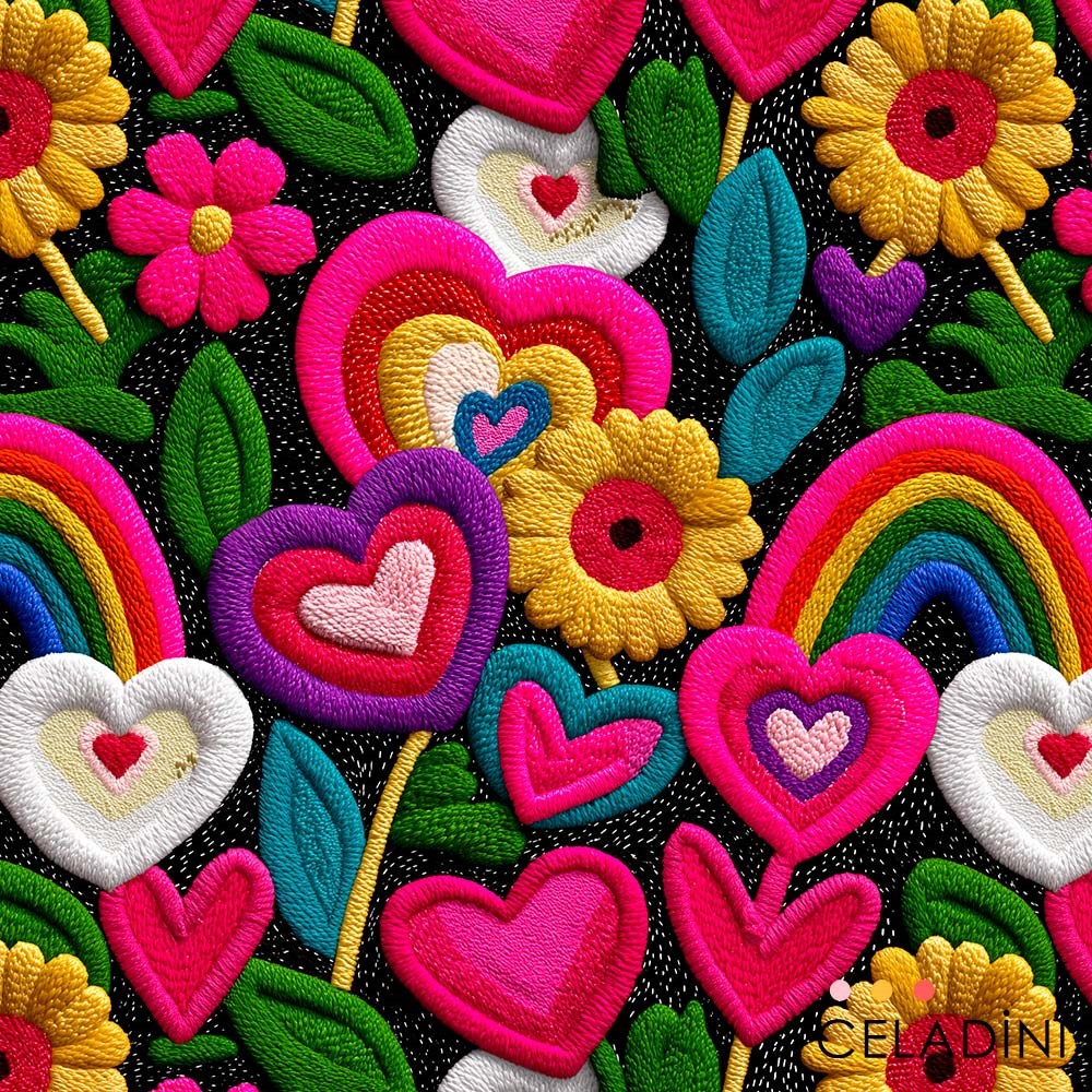 Sİyah Fon Pop Art 3D Nakış Efektli Kumaş