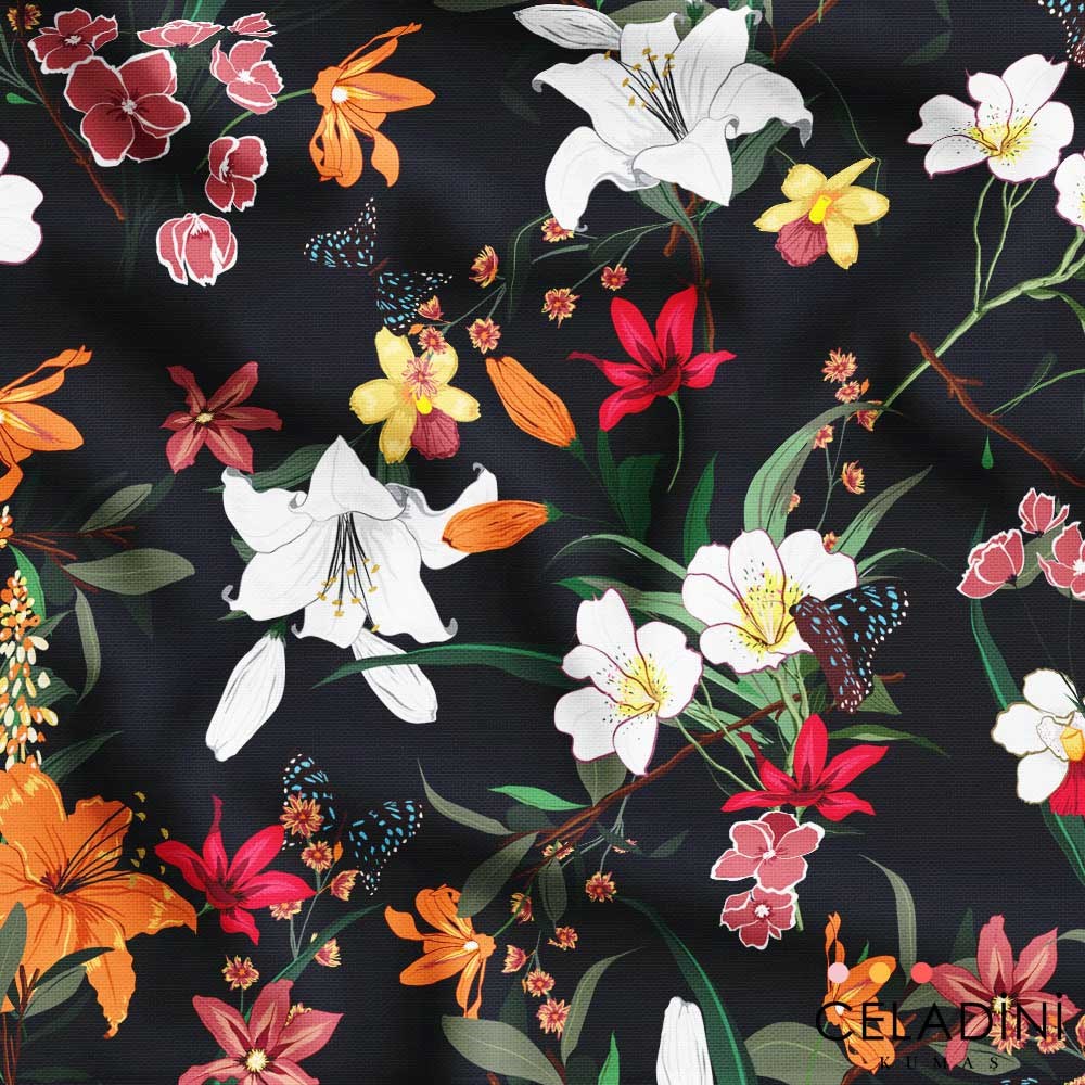 Siyah Fon Tropikal Çiçek Desenli Kumaş - Celadini