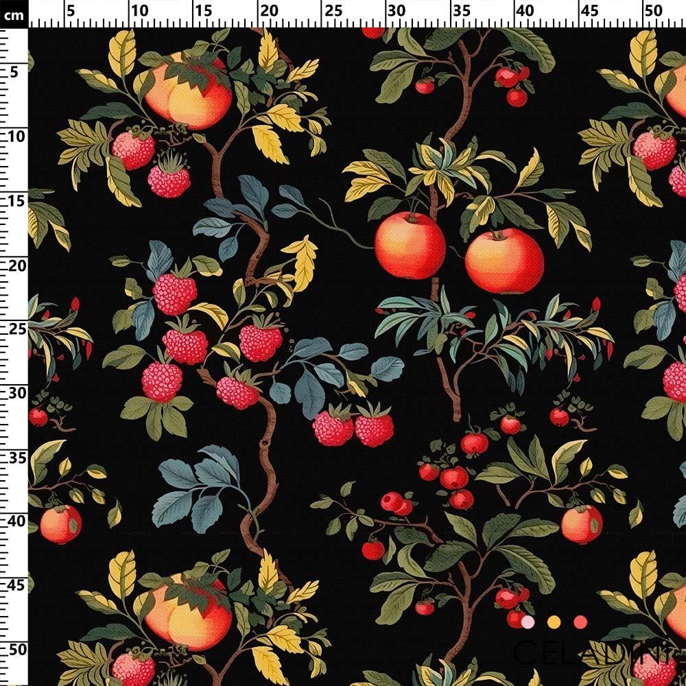 Siyah Fon Vintage Meyve Bahçesi Desenli Kumaş