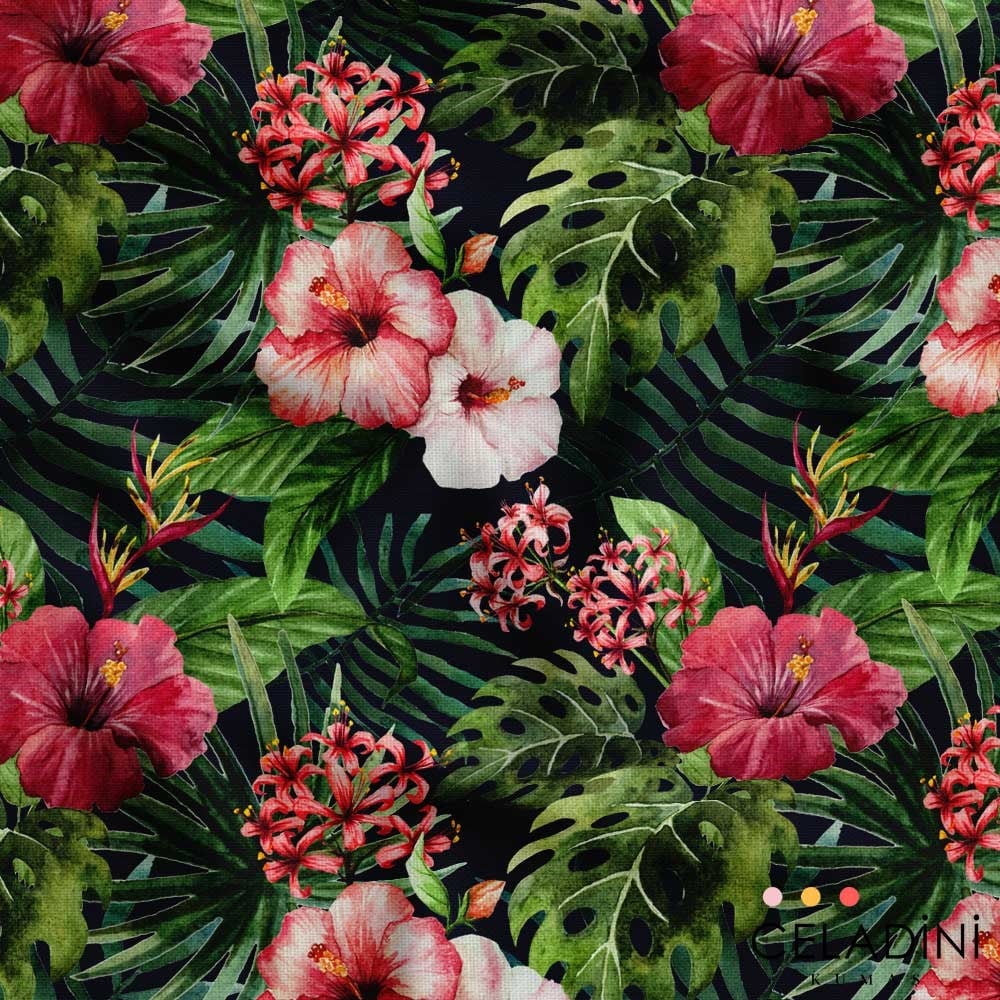 Siyah Zemin Suluboya Hibiskus Desenli Kumaş