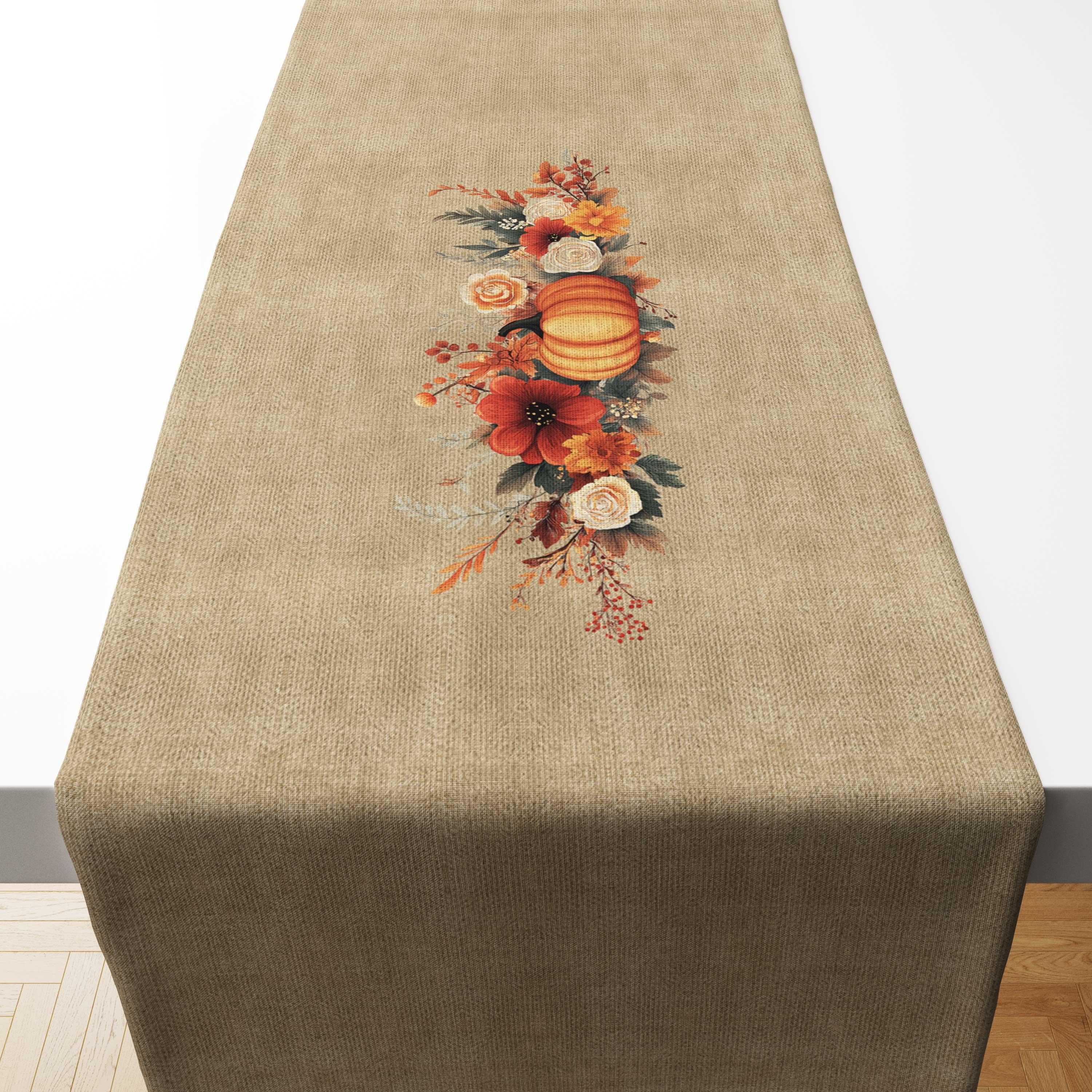 Sonbahar Balkabağı Desenli Runner Kumaşı