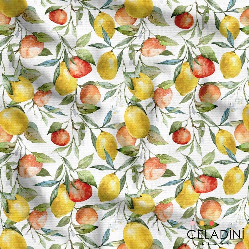 Sulu Boya Limon Portakal Desenli Kumaş