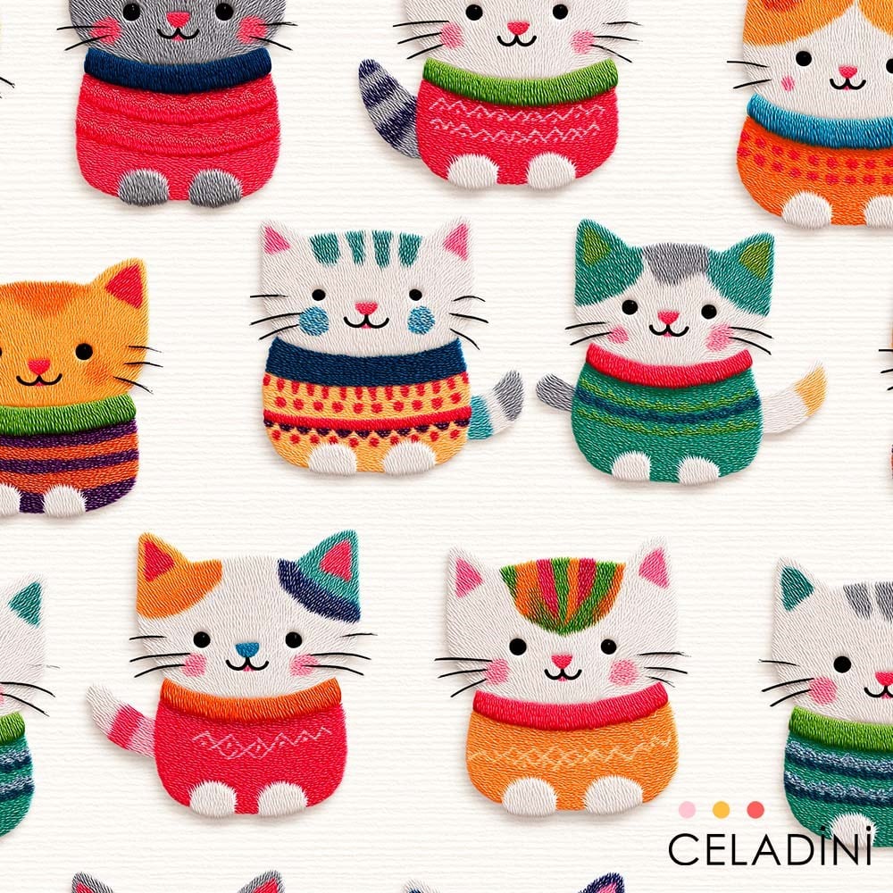 Süper Sevimli Kediler 3D Nakış Efektli Kumaş