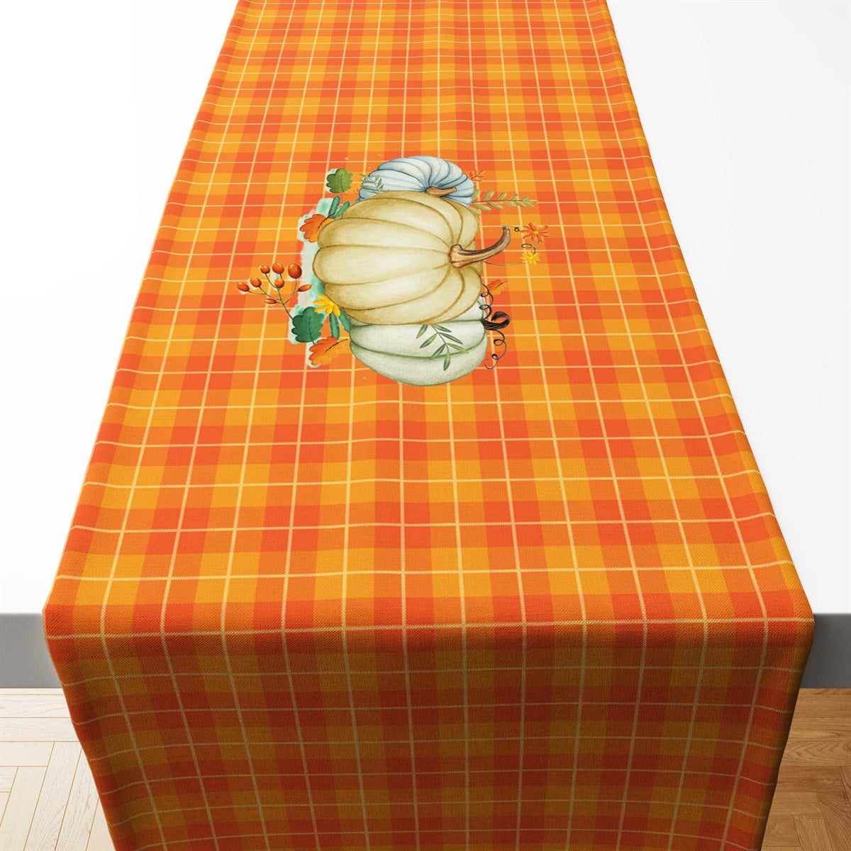 Turuncu Ekose Balkabağı Desenli Runner Kumaşı