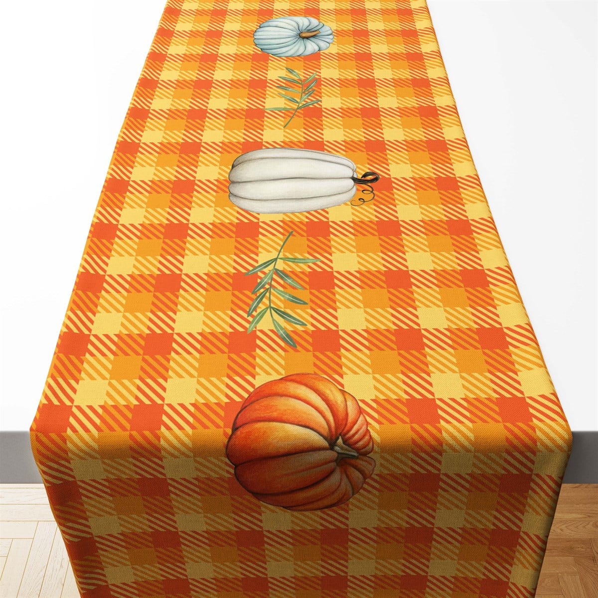 Turuncu Ekose Balkabağı Desenli Runner Kumaşı