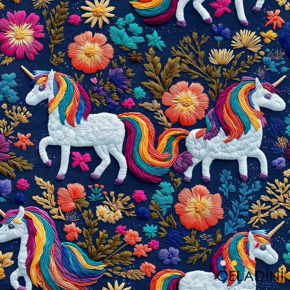 Unicorn Desenli 3D Nakış Efektli Kumaş