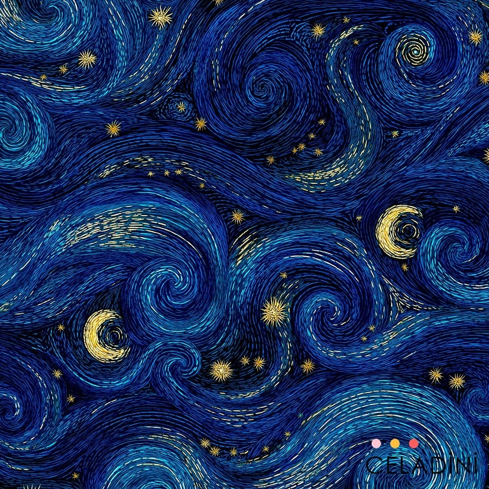 Van Gogh Yıldızlı Gece 3D Nakış Efektli Kumaş