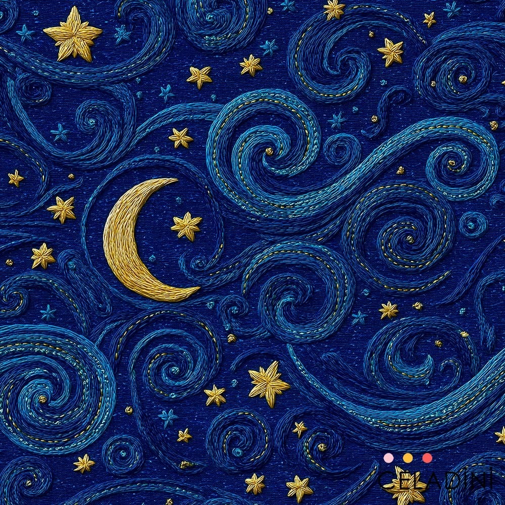 Van Gogh Yıldızlı Gece Desenli 3D Nakış Efektli Kumaş