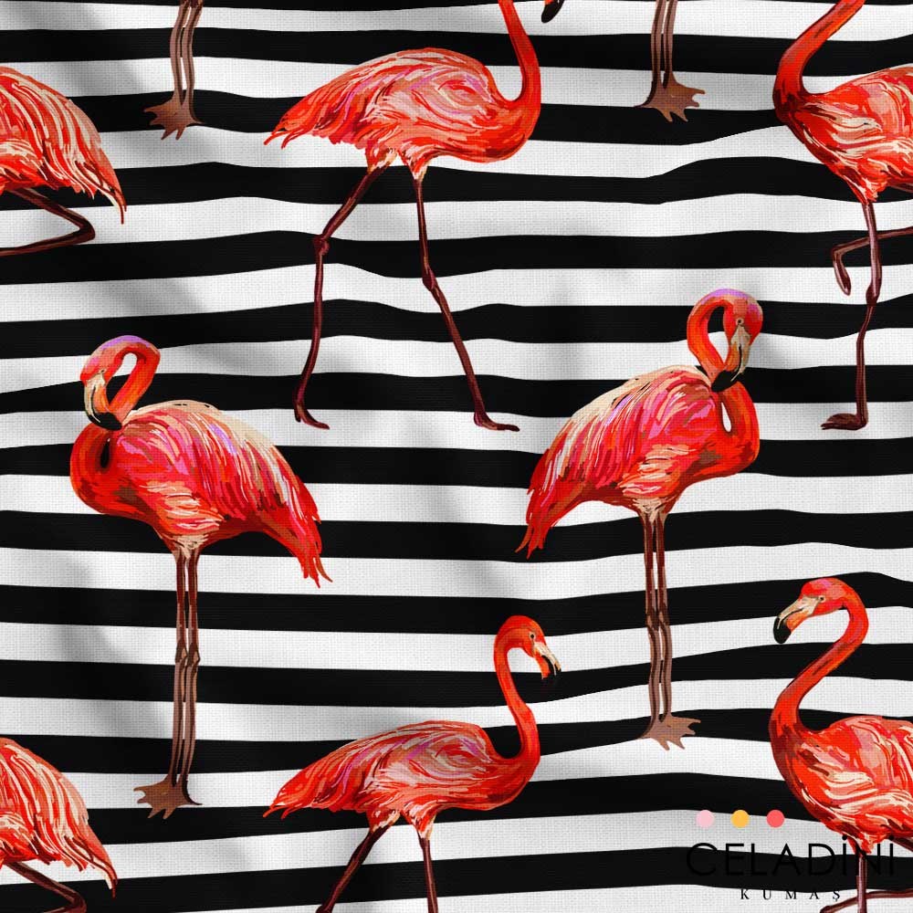 Yatay Çizgili Flamingo Desenli Kumaş