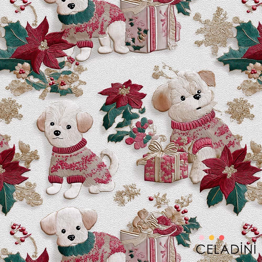 Yılbaşı Temalı Sevimli Köpekler Desenli Kumaş