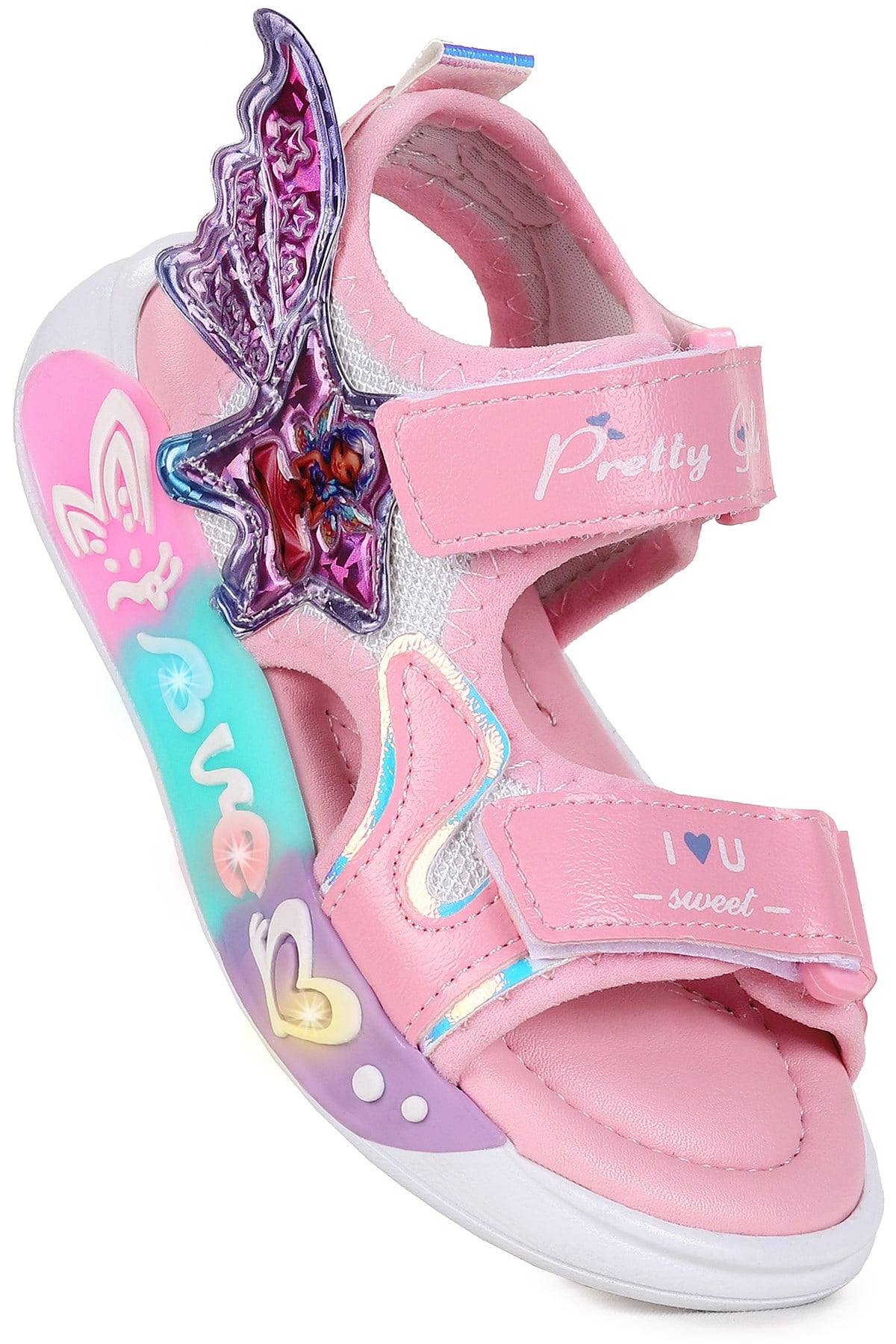 Lug Cırtlı Işıklı Kız Çocuk Sandalet Beyaz - Pembe