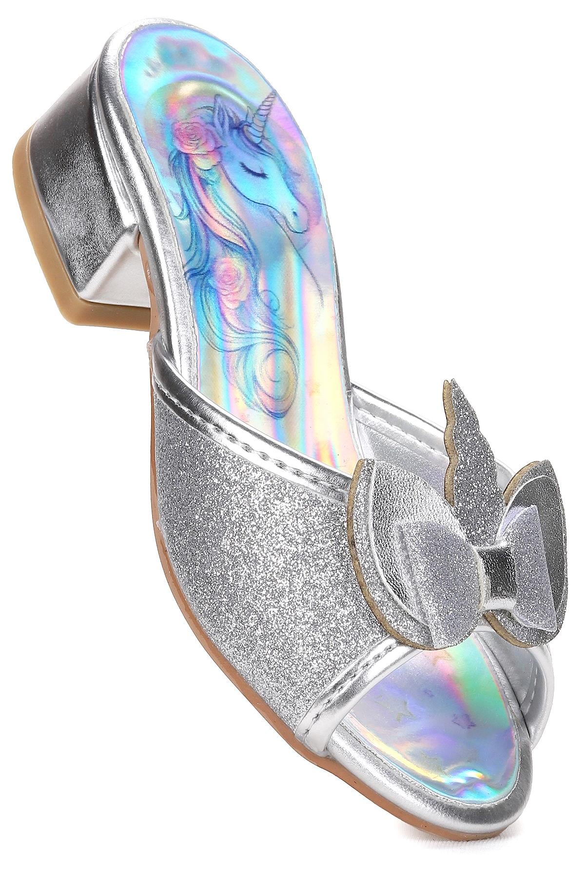 Unicorn Kız Çocuk Topuklu Simli Abiye Terlik Gümüş