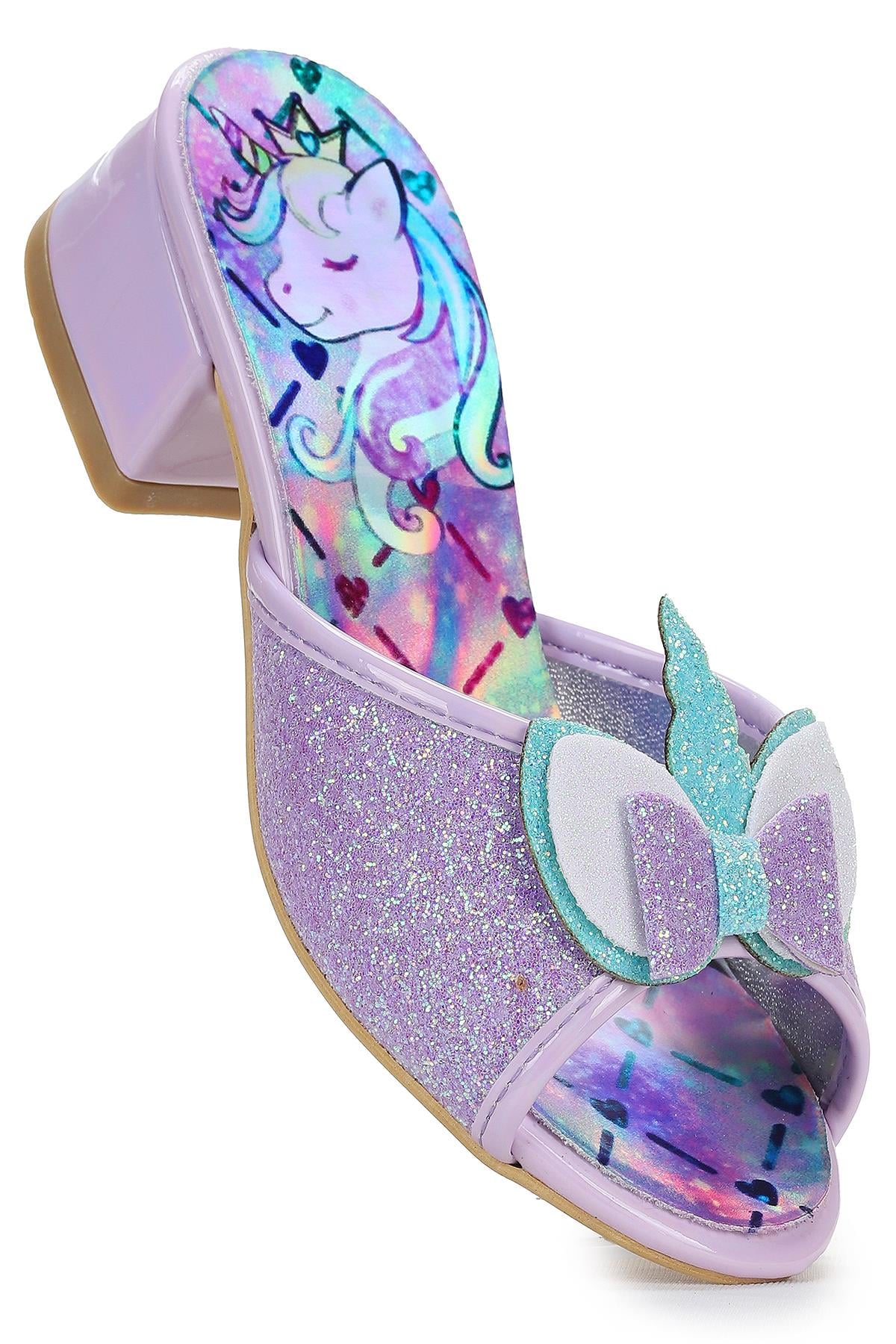 Unicorn Kız Çocuk Topuklu Simli Abiye Terlik Lila