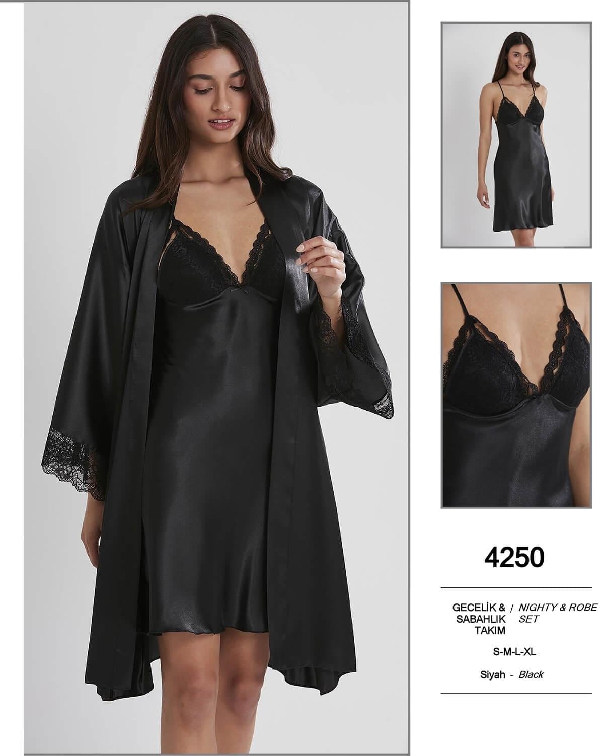 Pierre Cardin Saten Dantelli Kadın Gecelik ve Sabahlık Takımı - 4250