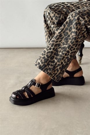 Parma Siyah Hakiki Deri Sandalet