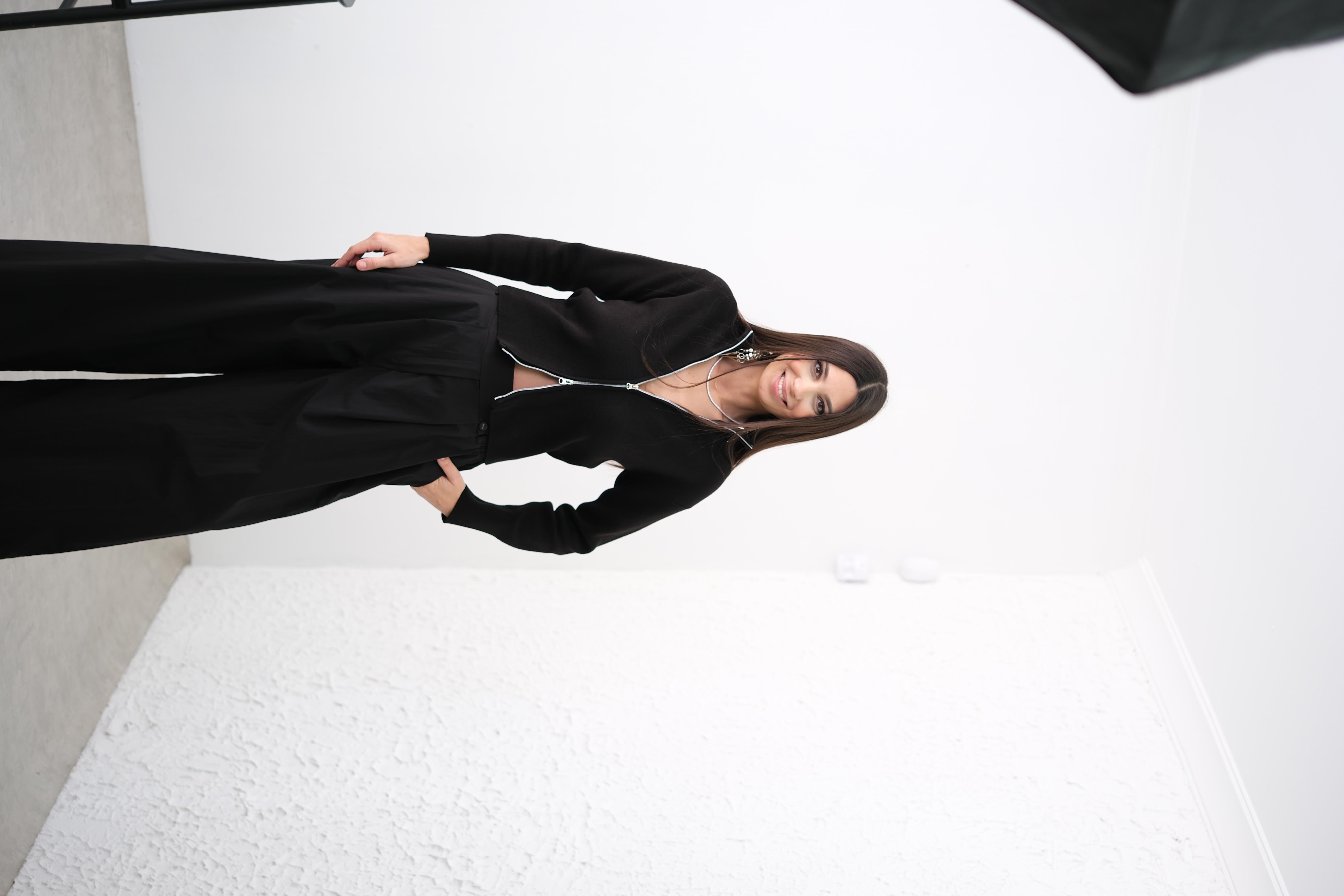 ALES ÇİFT FERMUARLI TRİKO SİYAH CEKET BLUZ