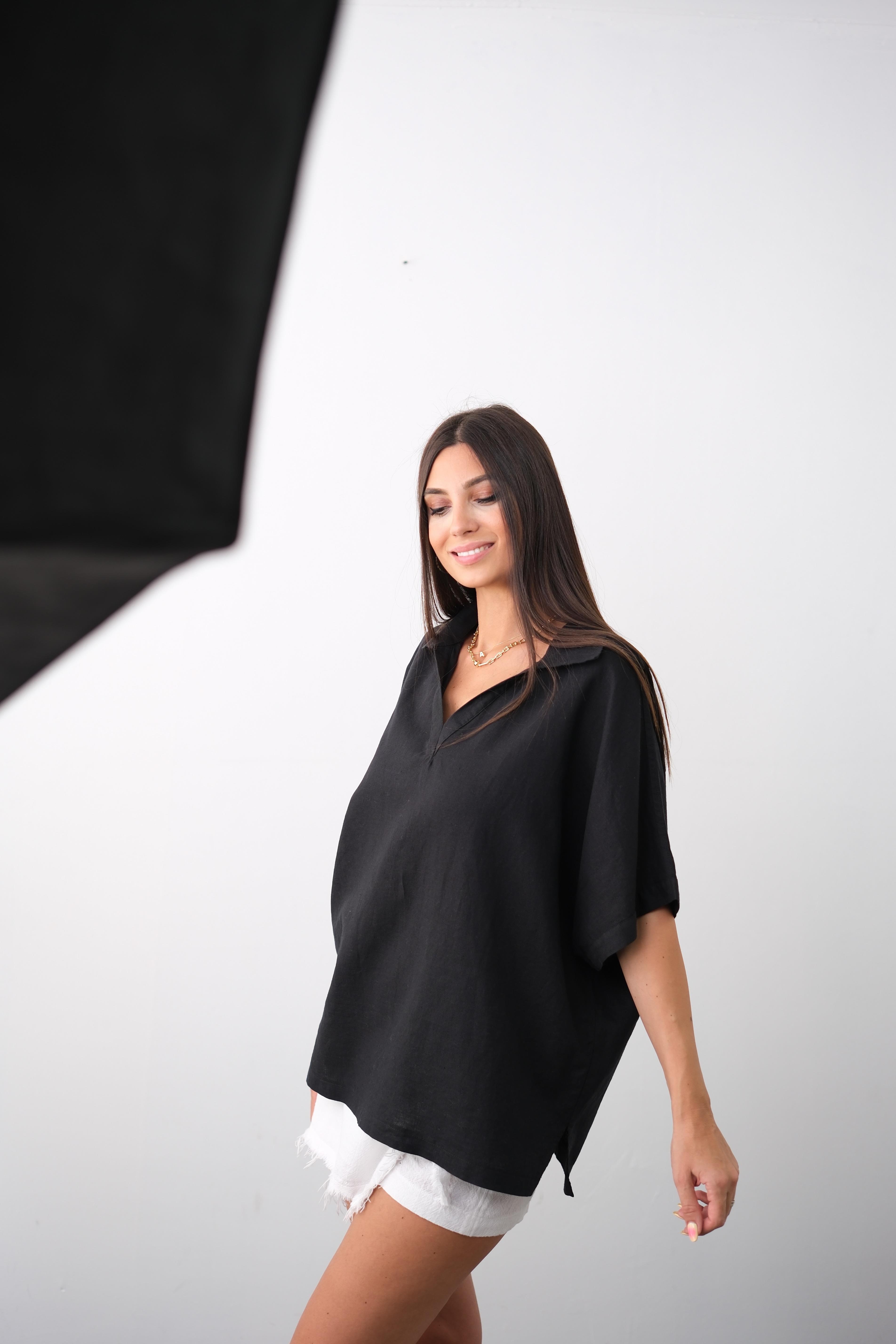 BLOK SİYAH KETEN BLUZ