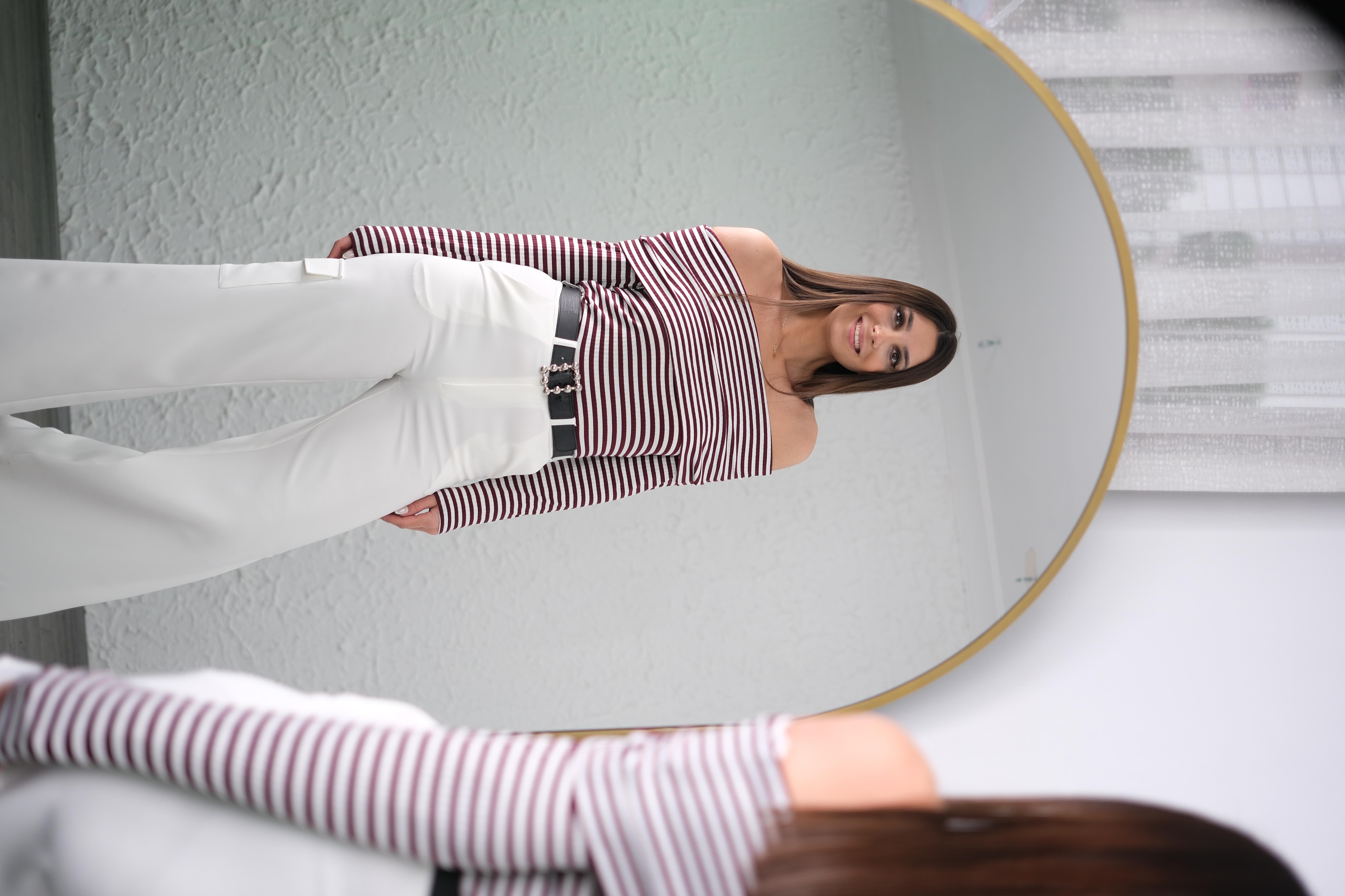 BONA BORDO ÇİZGİLİ MADONNA BLUZ