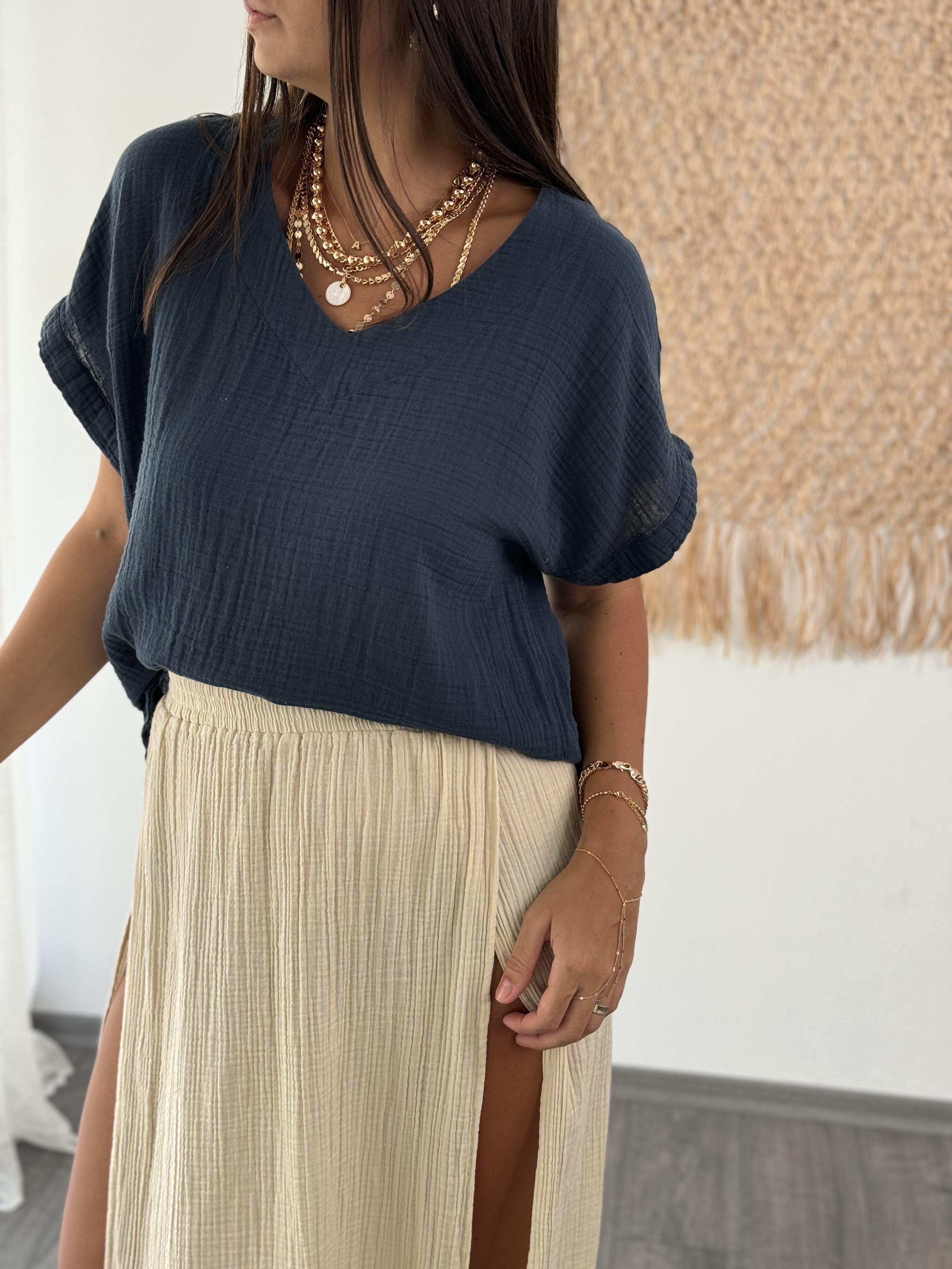 DEVİN V YAKA MÜSLİN PETROL BLUZ