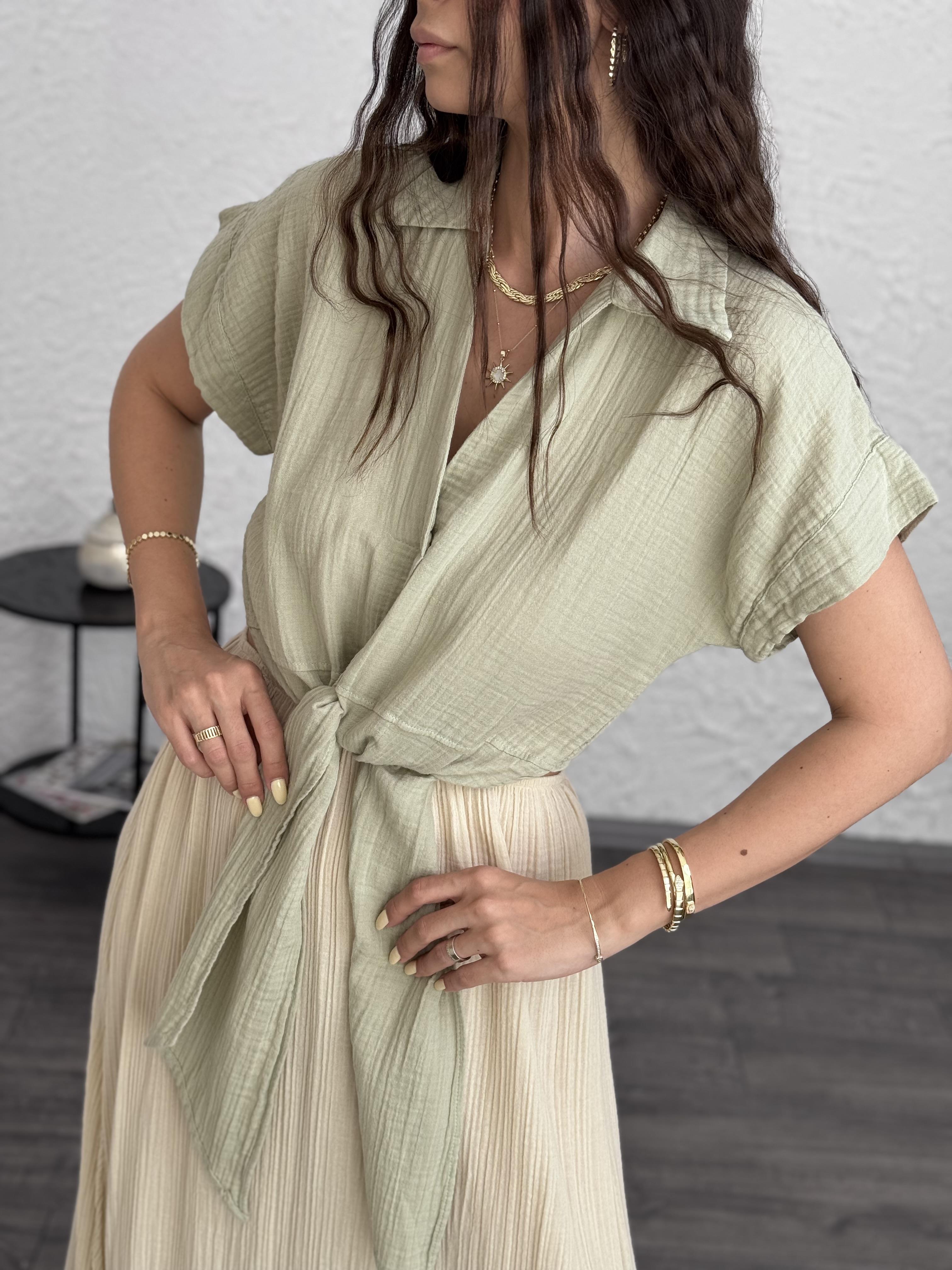 DORE BAĞLAMALI MİNT MÜSLİN BLUZ