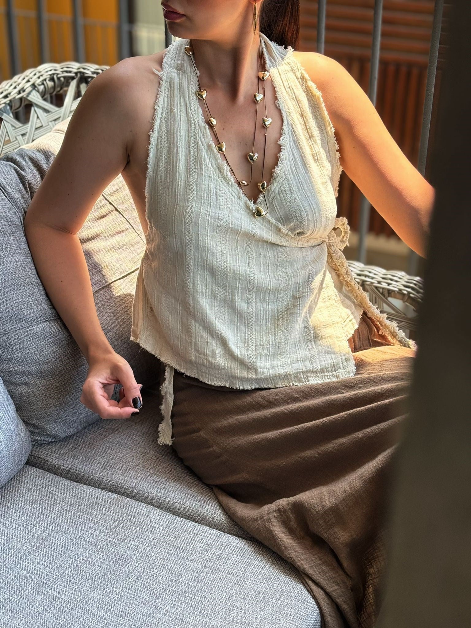 EAS ÖN BAĞLAMALI BEJ PAMUK BLUZ